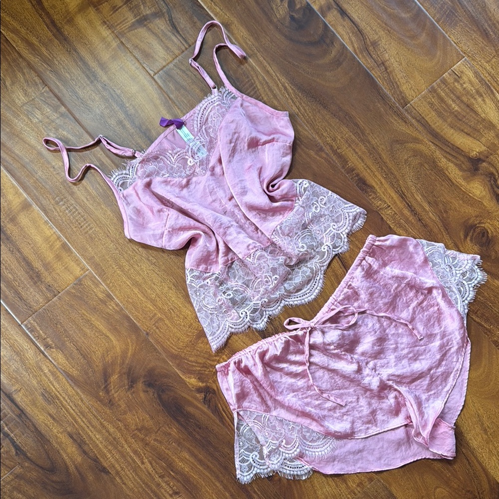 Pink Lace Trim Satin Sleepwear Set